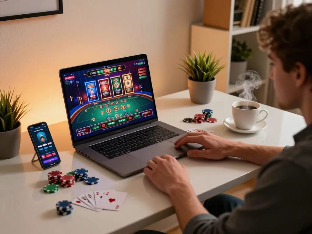 Player engaging with nhacaiuytin on a laptop, showcasing their online casino experience with chips and cards.