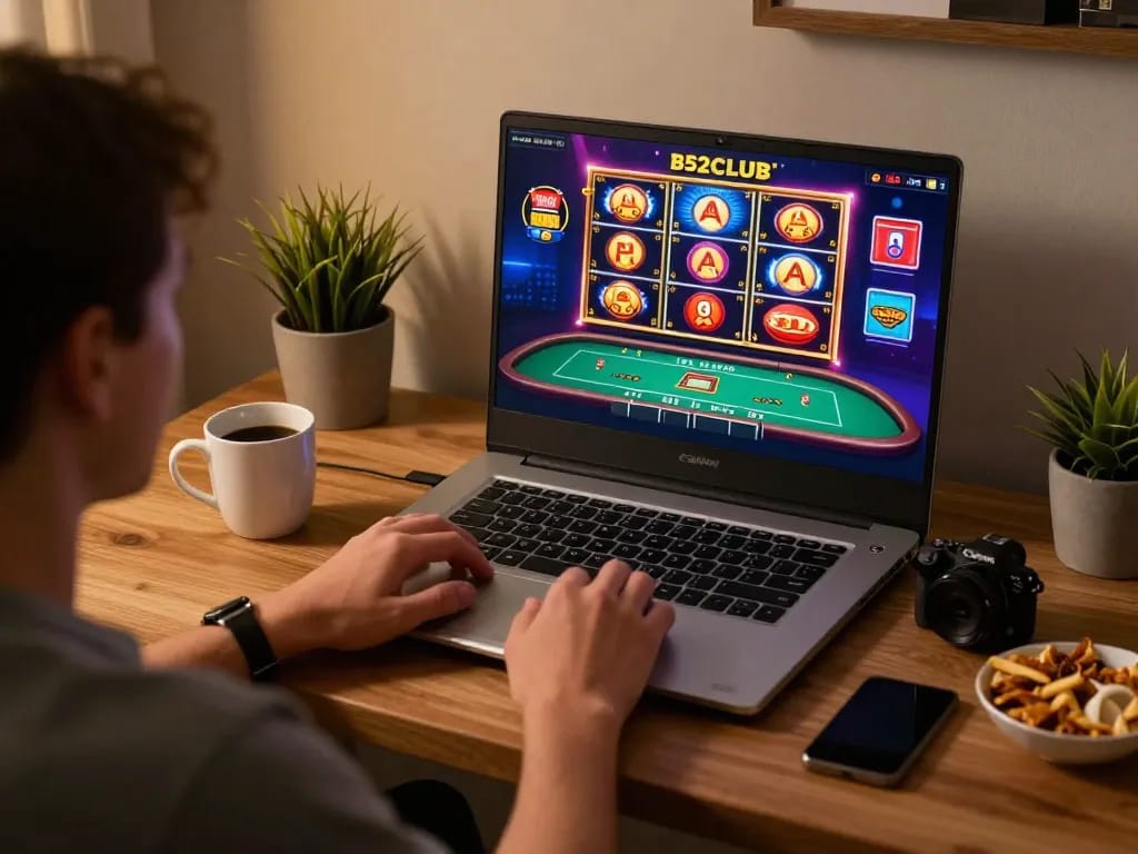 B52CLUB player engages with vibrant online slots interface, showcasing a responsible gaming setup.