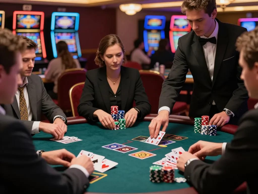 Các người chơi LUCK8 đang tham gia vào một trò chơi blackjack căng thẳng trong không khí sôi động của sòng bài.