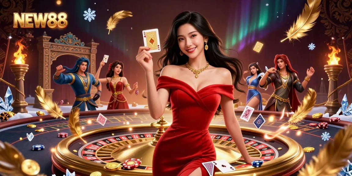 Experience luxury gaming at NEW88 with stunning visuals of a confident woman holding a winning card.