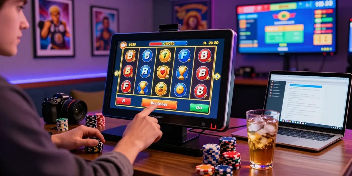 Engaged player enjoying bonus buy slots at stylish home setup during exciting gaming session.