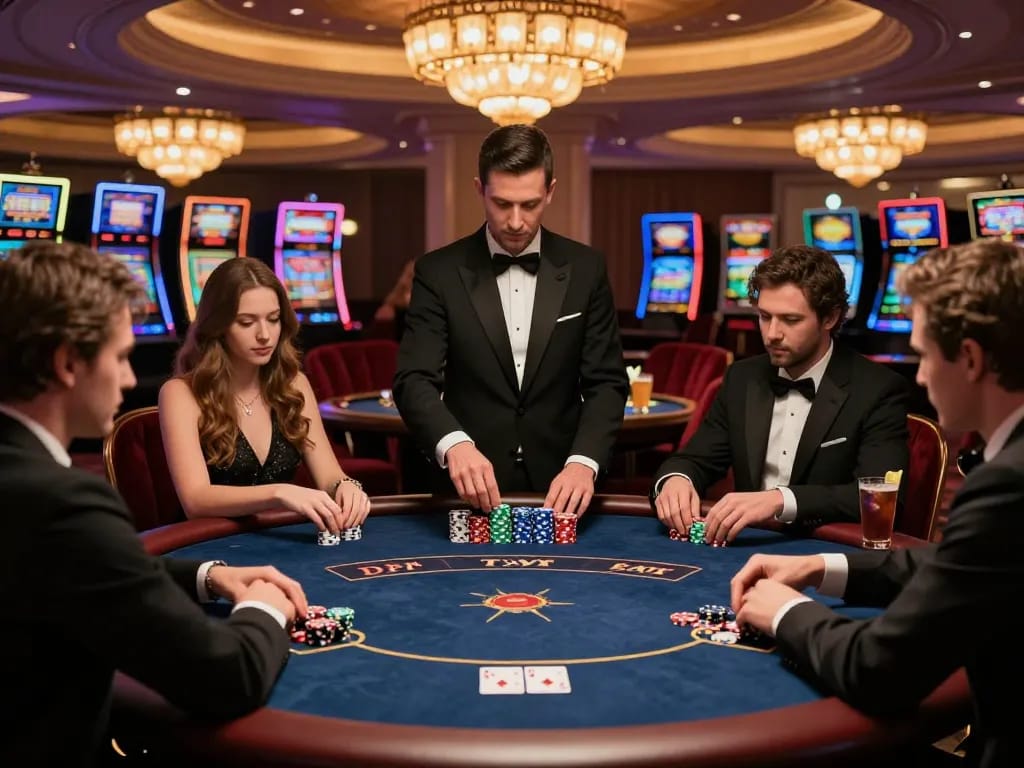 Players enjoying a thrilling poker game at F8BET, showcasing excitement, strategy, and elegance in a luxurious casino setup.