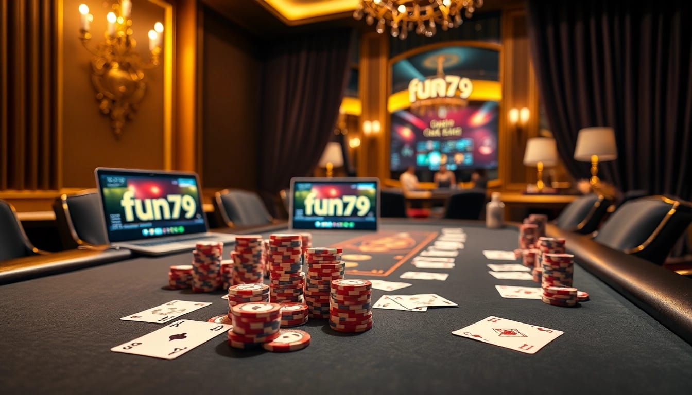 Players strategizing at a poker table in the fun79 casino, showcasing thrilling gameplay.