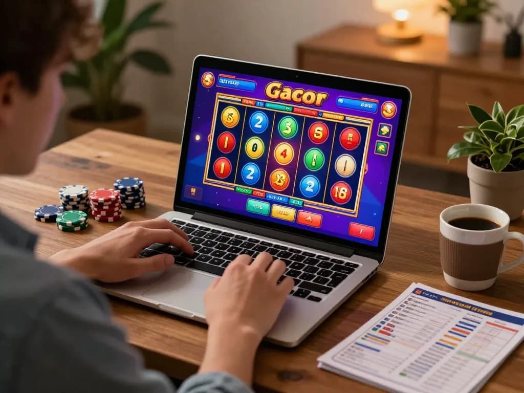 Bermain permainan slot gacor di laptop di rumah, menyoroti visual yang cerah dan atmosfer strategis.