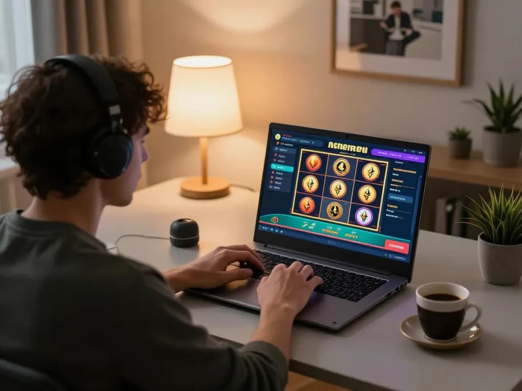 Gamer engaging in ethereum gambling at home, showcasing online casino gameplay on laptop.