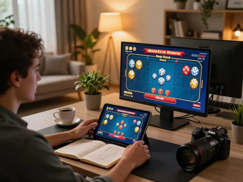Mega Sicbo game in action on a tablet during a cozy home gaming session with strategic notes.