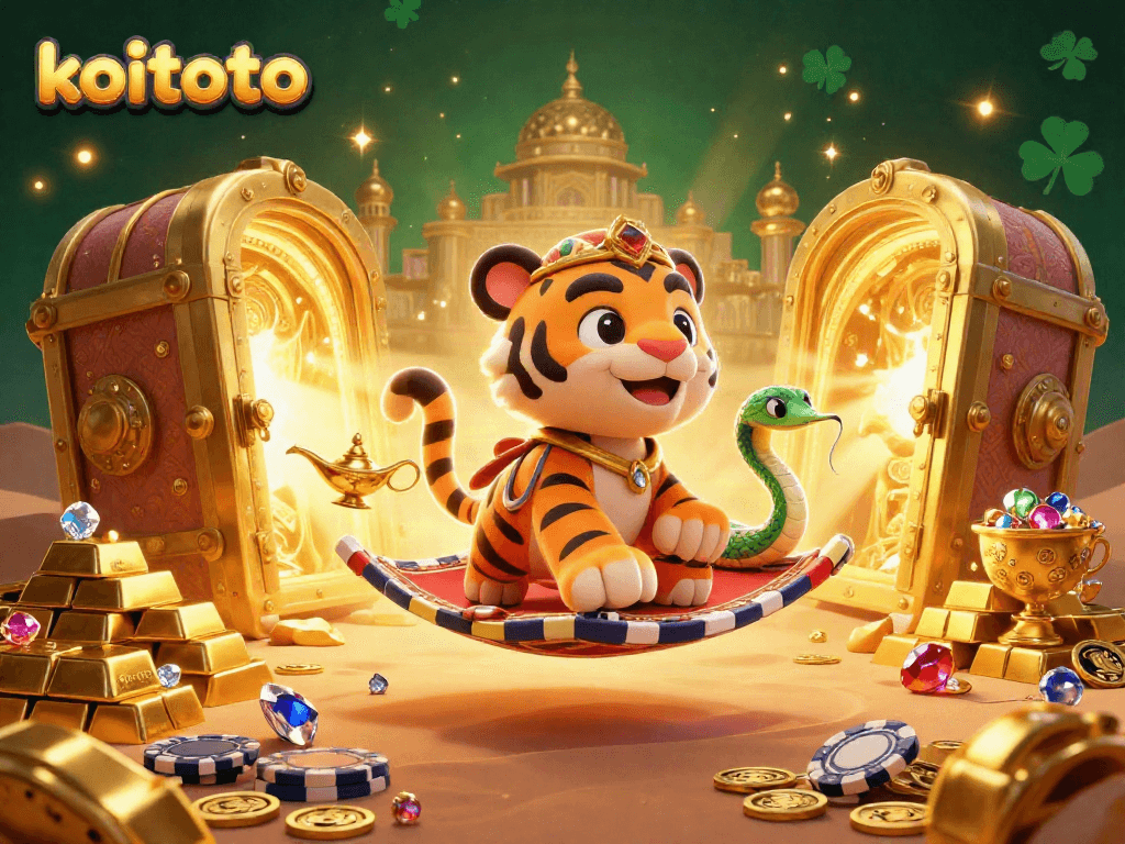 Koitoto ignites excitement with a vibrant casino scene featuring a sultan, snake genie, and treasure.