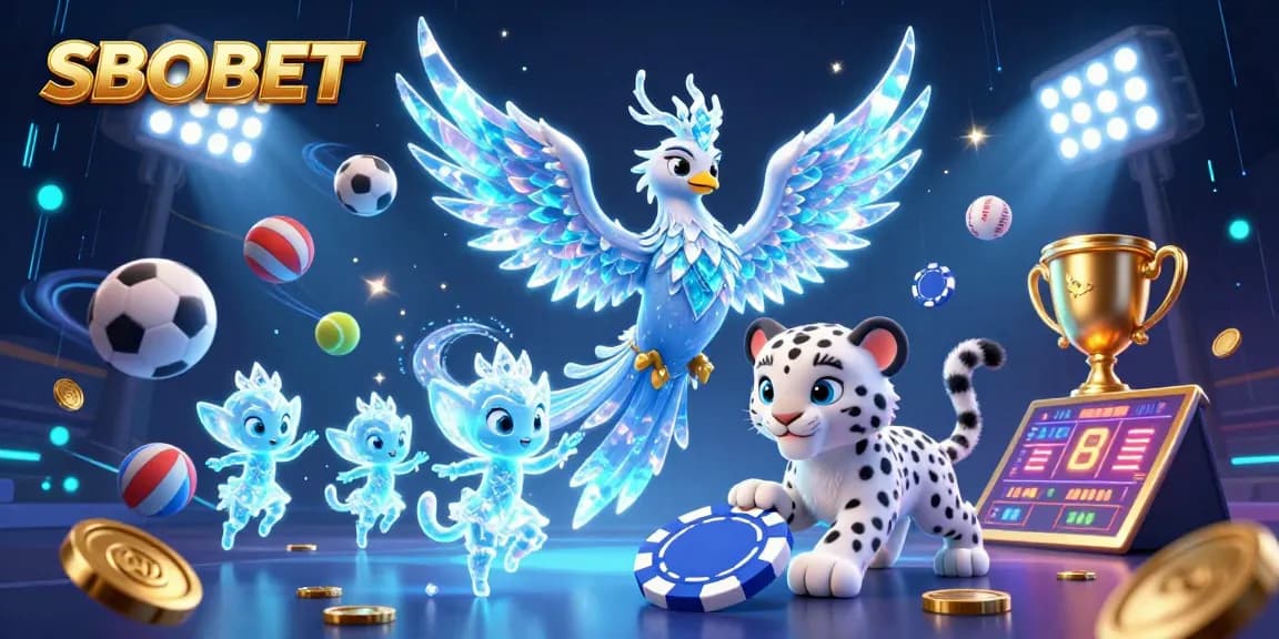 SBOBET sports betting scene with an ice phoenix, snow leopard cub, and playful ice sprites.