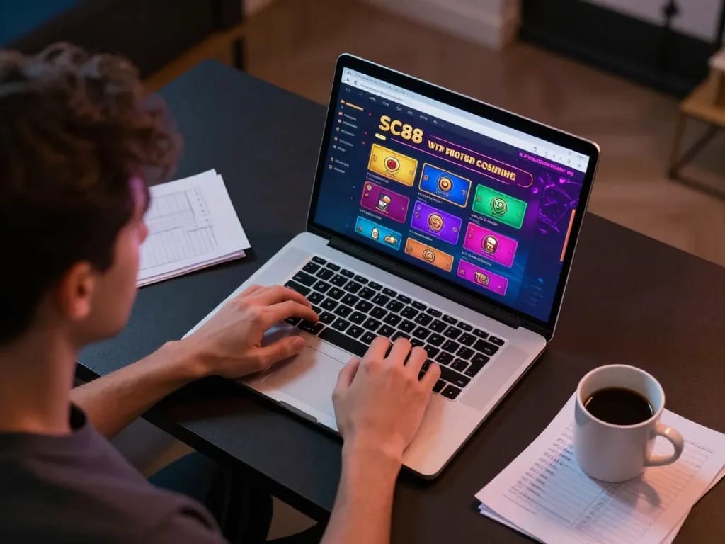 Player engaging in online SC88 gaming session with colorful casino interface and strategic notes.