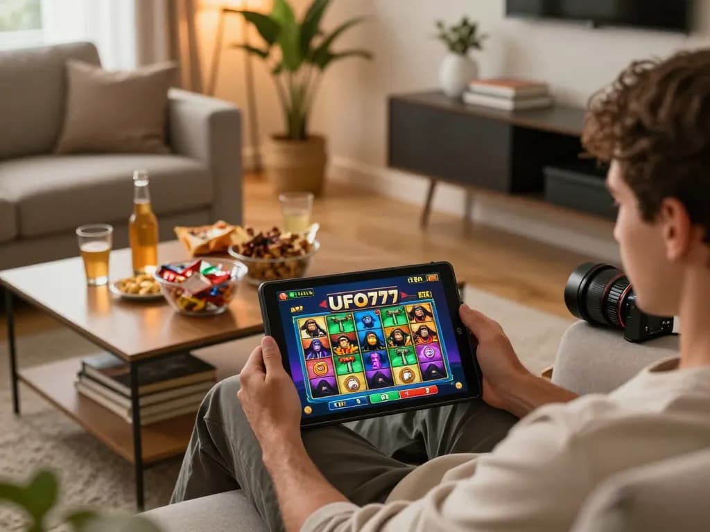 Engaging with UFO777 slot games on tablet while relaxing at home for a responsible gaming experience