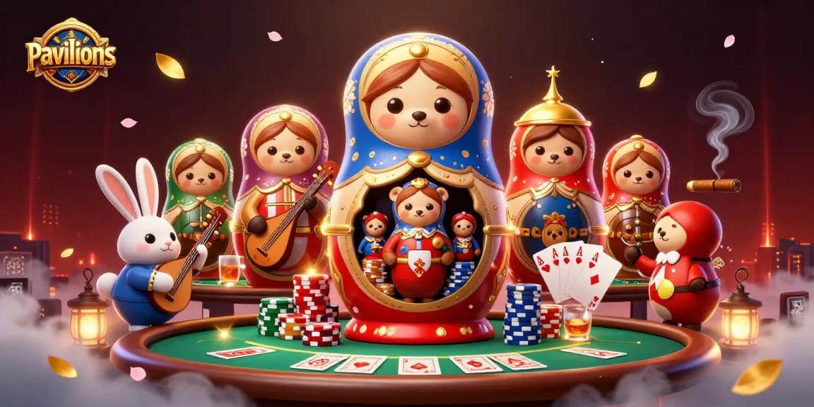 Pavilions showcase vibrant online casino experience with charming casino-themed characters and game elements.