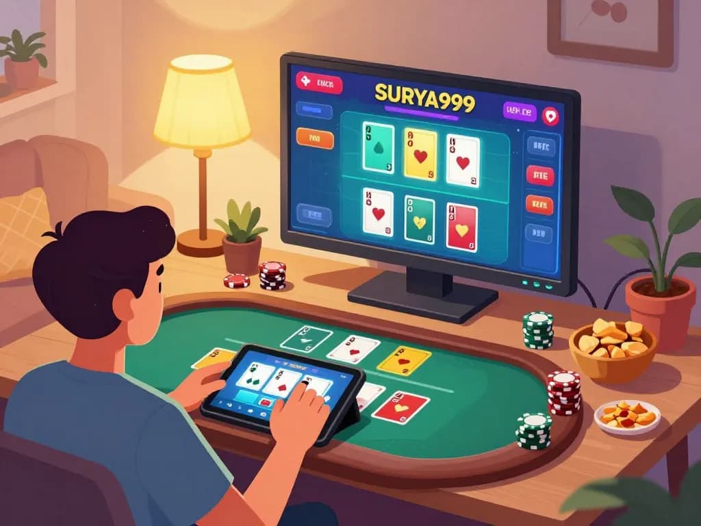 Pemain SURYA999 membuat taruhan pada permainan blackjack dealer langsung di tablet, lingkungan rumah yang nyaman.