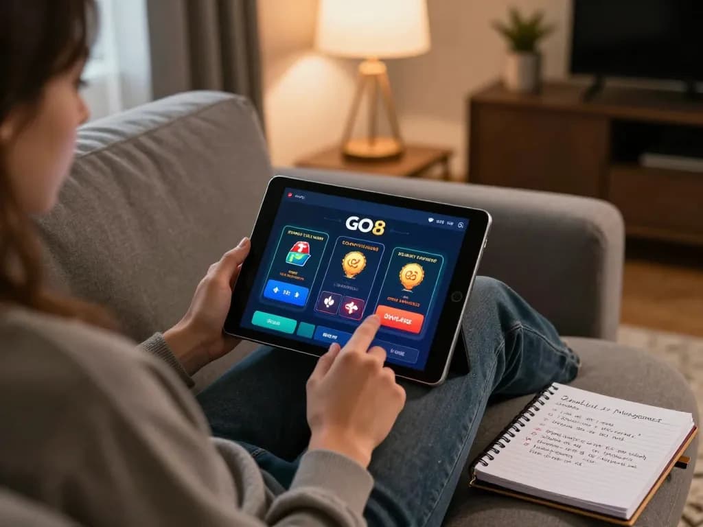Engaging in GO8 online casino gaming while relaxing at home, showcasing strategic gameplay.
