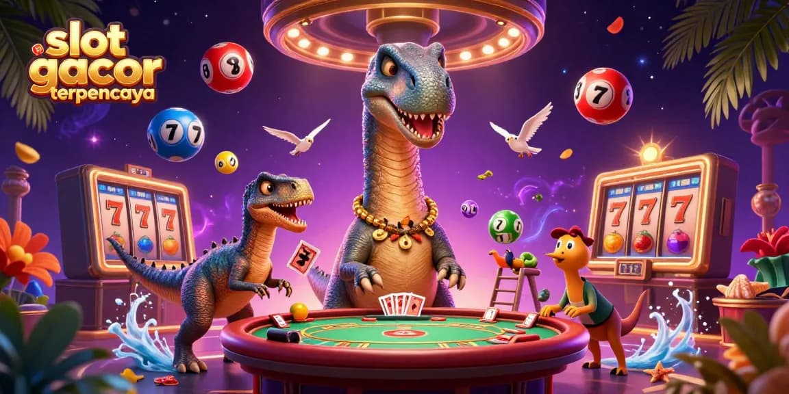 The dynamic scene showcases a brontosaurus and raptor delighting players with slot gacor terpercaya thrills and lottery excitement.