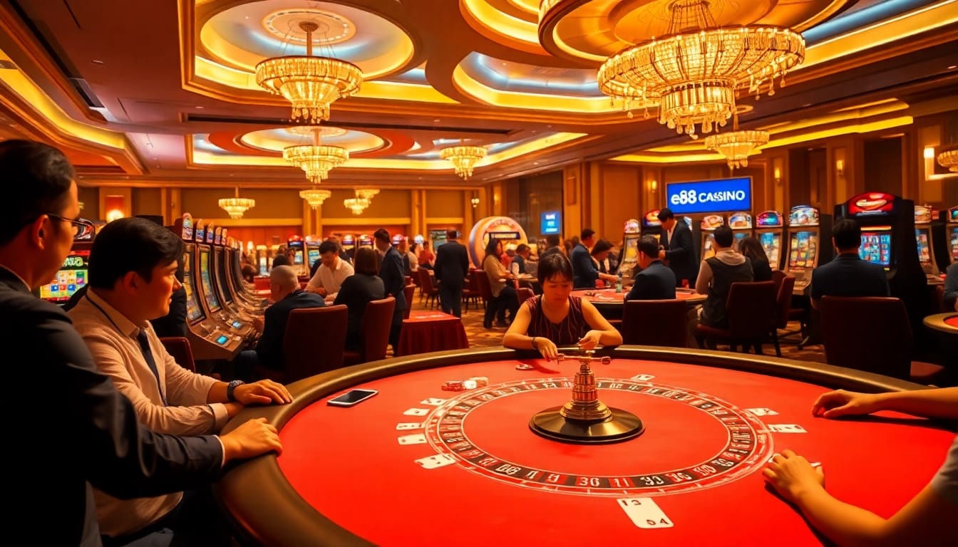 Excited players engage in high-stakes poker at ee88 casino, surrounded by vibrant slot machines and roulette.