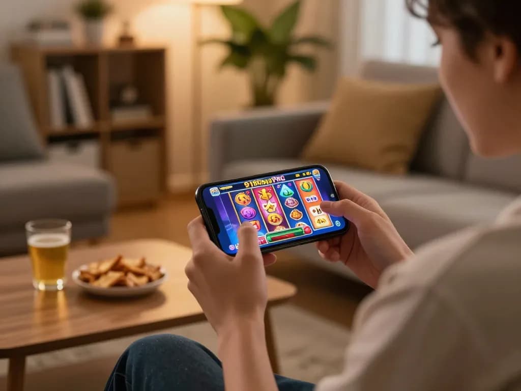 Player enjoys 918Kaya PNG slot games on smartphone in a cozy living room setting.