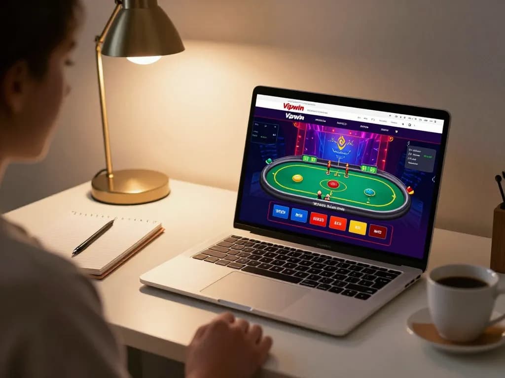 Engaged player navigating the Vipwin online casino on a laptop in a cozy home setting.