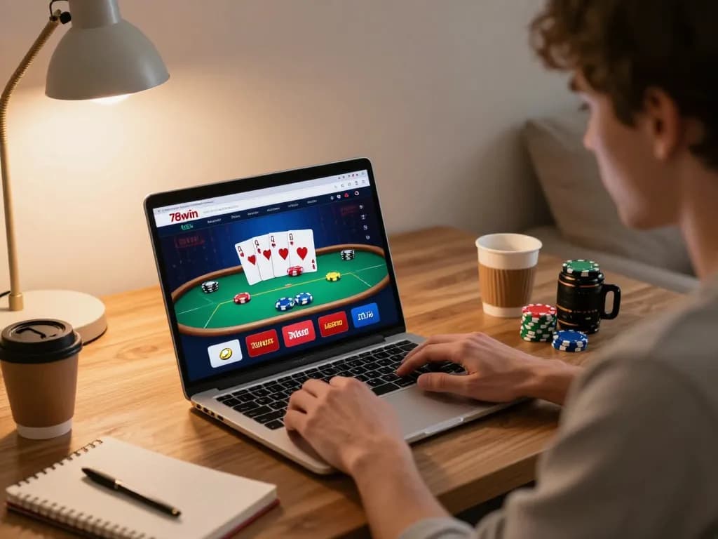 Experience online poker action at 78win with a player engaged in a strategic session on a laptop.