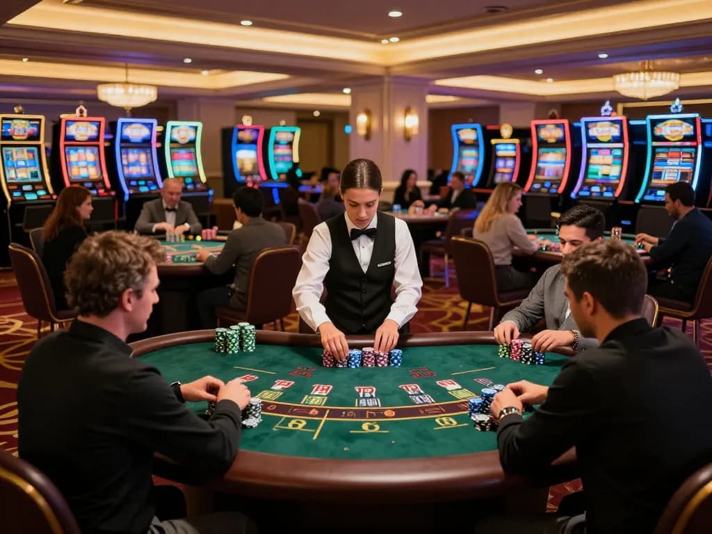 Intense blackjack gameplay at PLANET88 casino with players focused on their cards and chips.