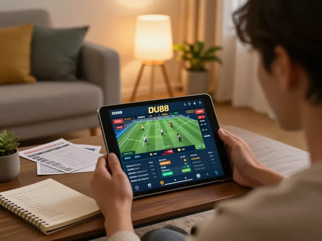 Engaging in online sports betting with the DU88 app on a tablet in a cozy living room.