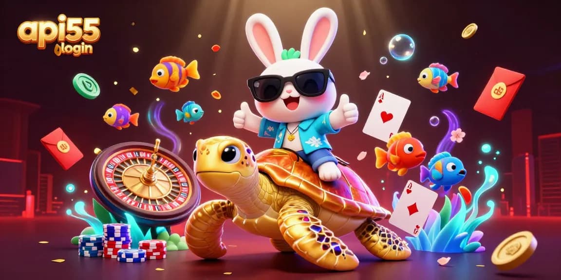 Play the latest games with api55 login, featuring a lucky rabbit, golden sea turtle, and casino elements.