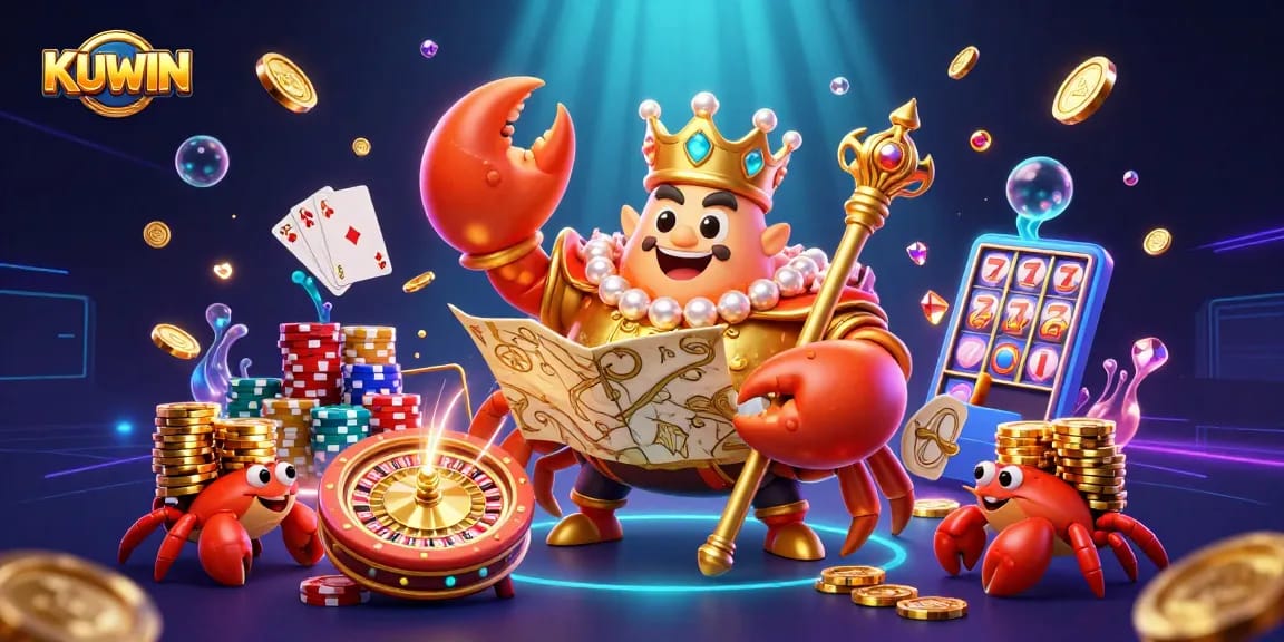 Experience the vibrant world of KUWIN casino with a golden crab emperor and dazzling casino elements.