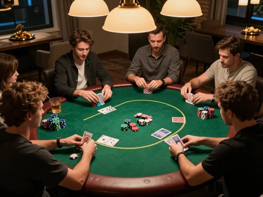 5679z home poker night with friends enjoying a competitive game and warm ambiance.