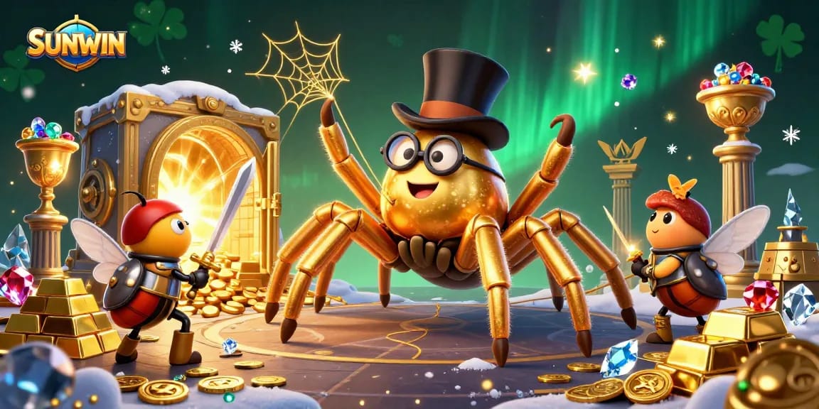 Engage with SUNWIN's thrilling gaming atmosphere featuring a golden tarantula and knight in a dynamic casino scene.