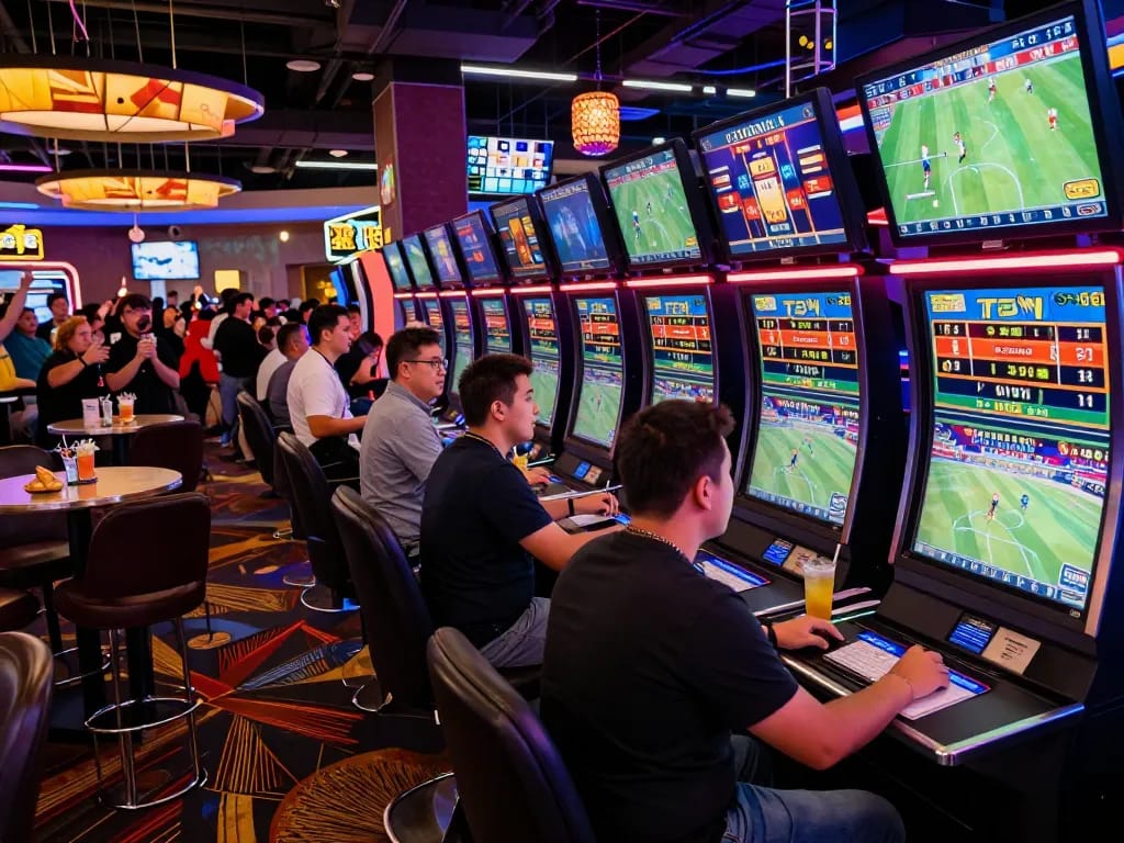 Betting excitement at https://dohistory.group/ sports area with fans placing wagers and cheering