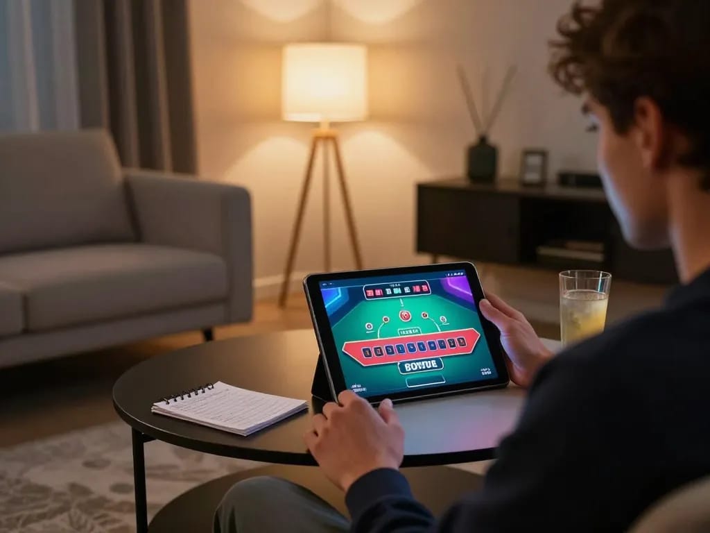 Player enjoying vvvwin live dealer blackjack on a tablet in a cozy home setup.