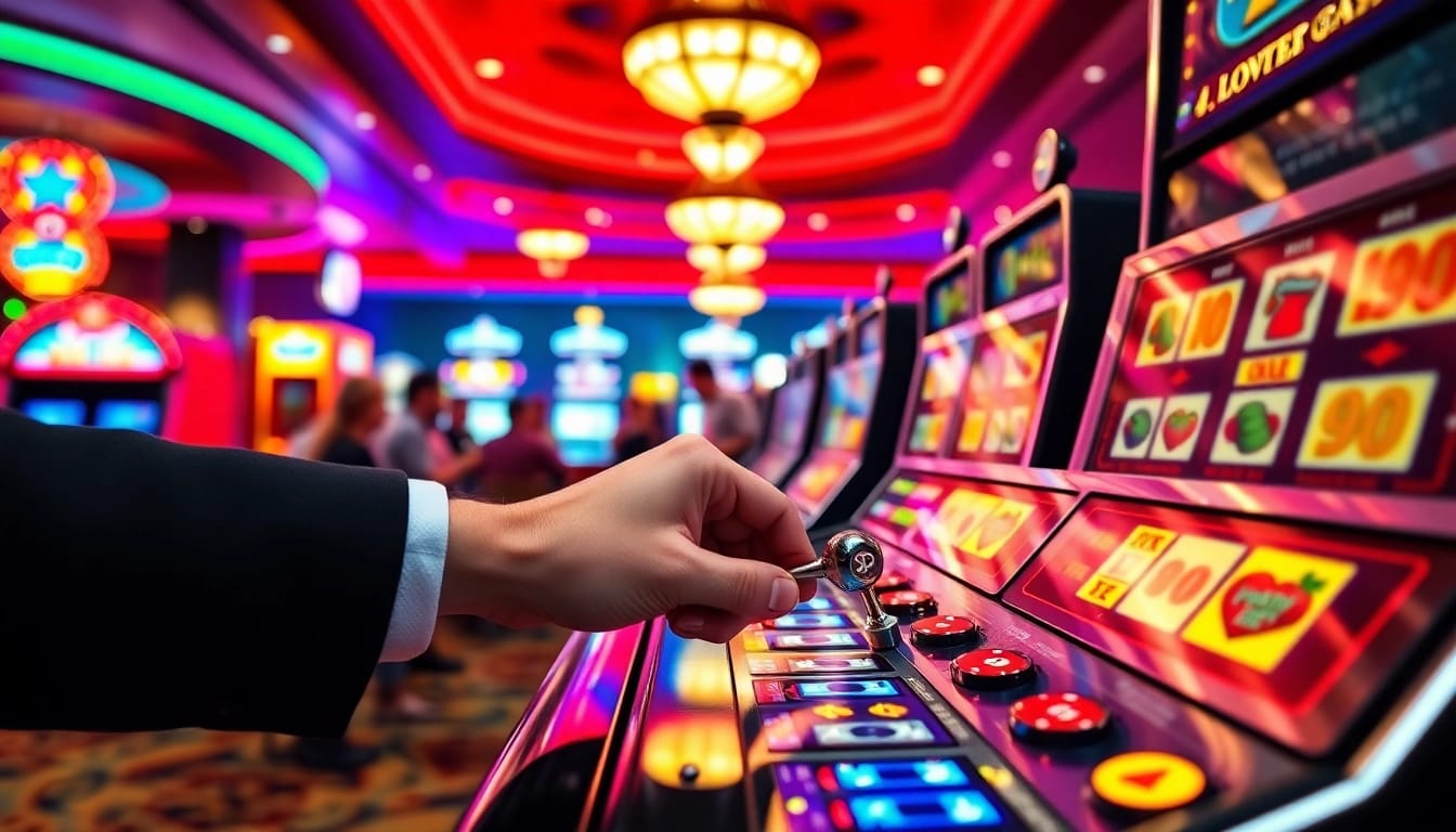 Main event garasislot dengan pemain bersemangat di kasino, menampilkan mesin slot berwarna-warni.