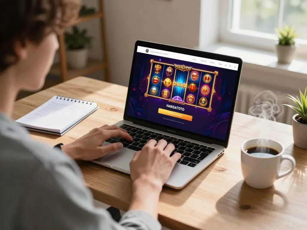 Pemain terlibat dengan login hargatoto di laptop yang menampilkan permainan slot yang hidup di kantor rumah