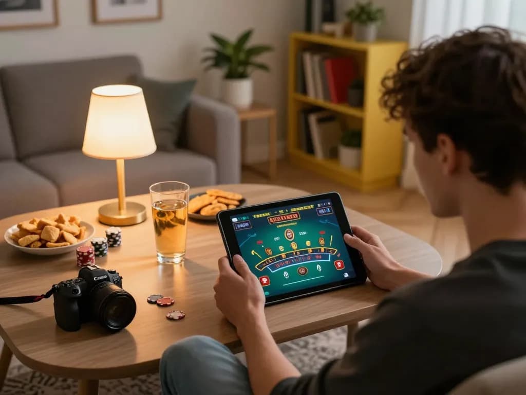 Pemain menikmati blackjack di tablet mereka, menjelajahi strategi permainan dengan johnbozier dalam suasana yang nyaman.