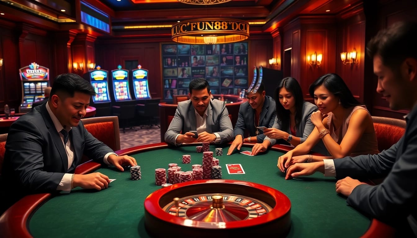 Experience the thrill of high-stakes poker with Fun88, featuring stylish players and vibrant chips.
