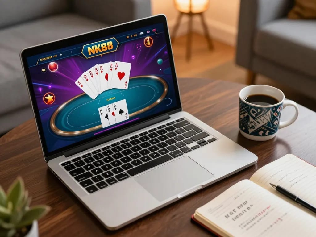 Engaged player enjoying the NK88 online poker game on a laptop in a cozy home setting