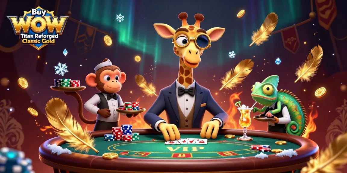 Buy WoW Titan Reforged Classic Gold with a high-roller giraffe at a packed poker table, offering premium gaming action.