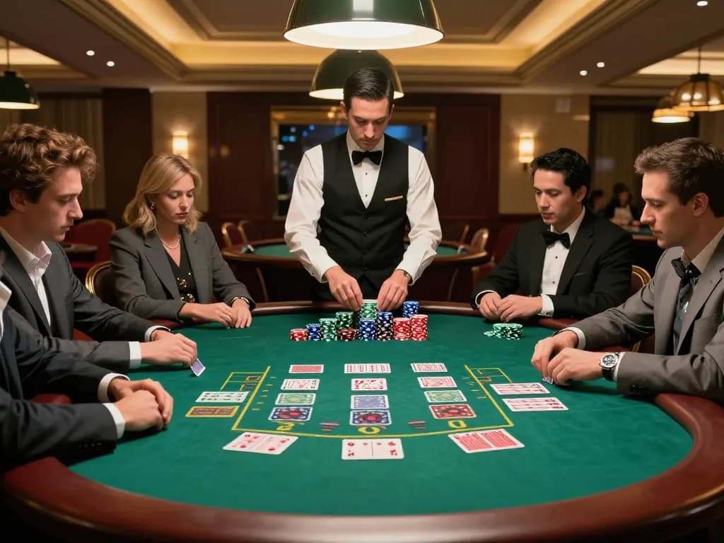 Players competing at a busy blackjack table in a vibrant casino, showcasing 9bet's thrilling atmosphere