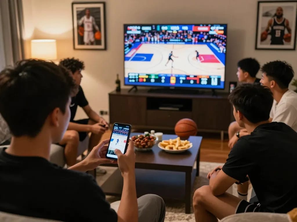 shbet players placing live bets during a basketball game in a cozy home setting