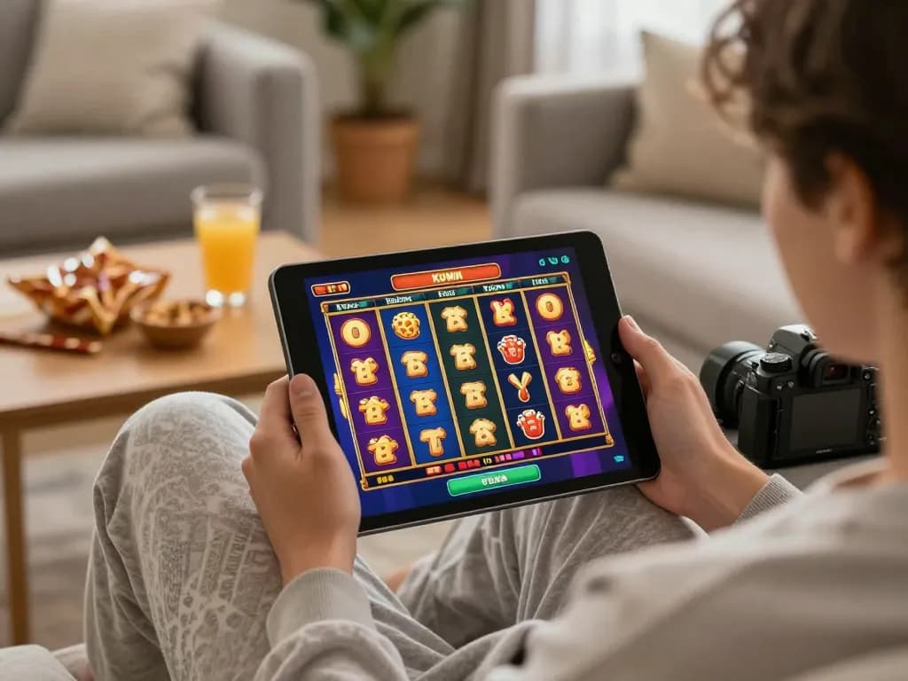 Kuwin player enjoying exciting slot game action on tablet in cozy home setting