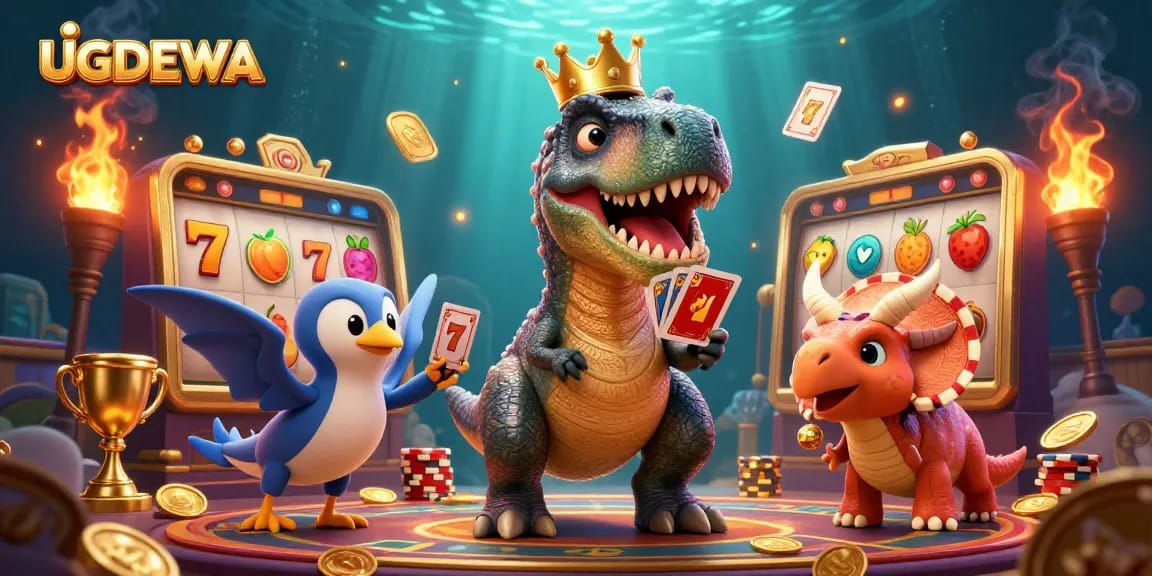 Engage with UGDEWA's slot machines as cartoon dinosaurs stack chips and shuffle cards.