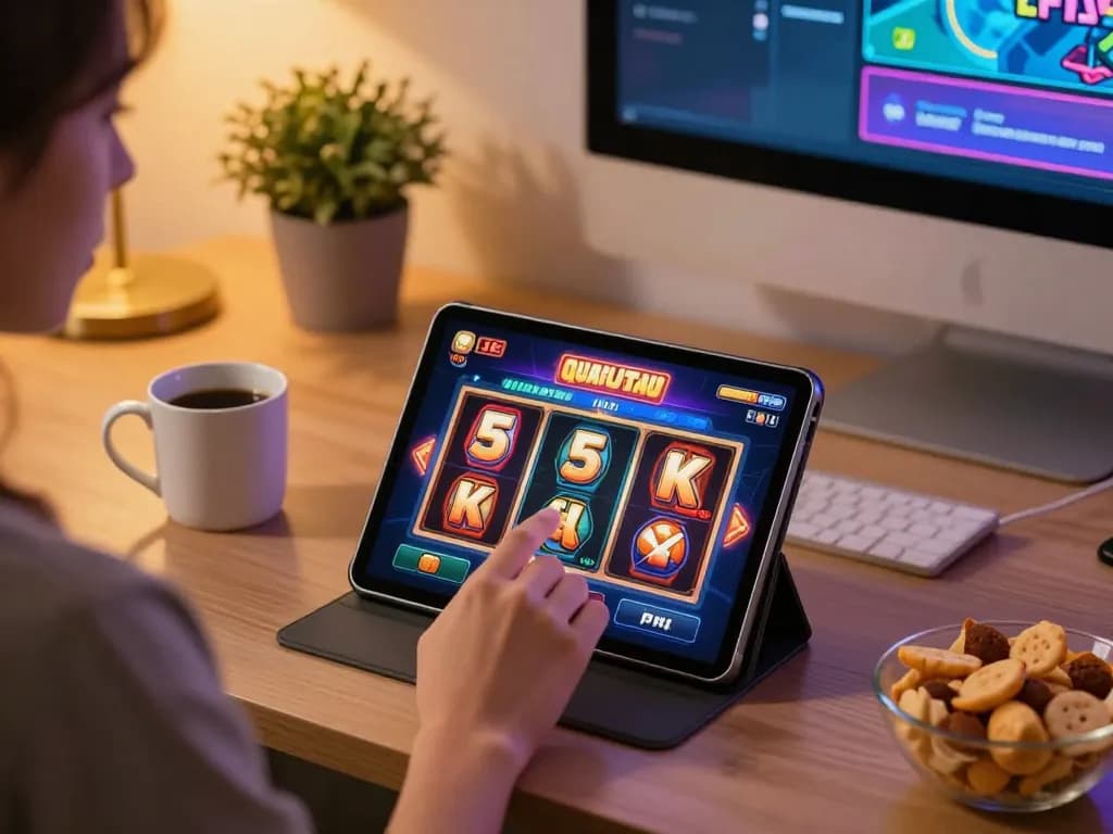 Engaging in slot 5k gameplay on a tablet in a cozy home setting.