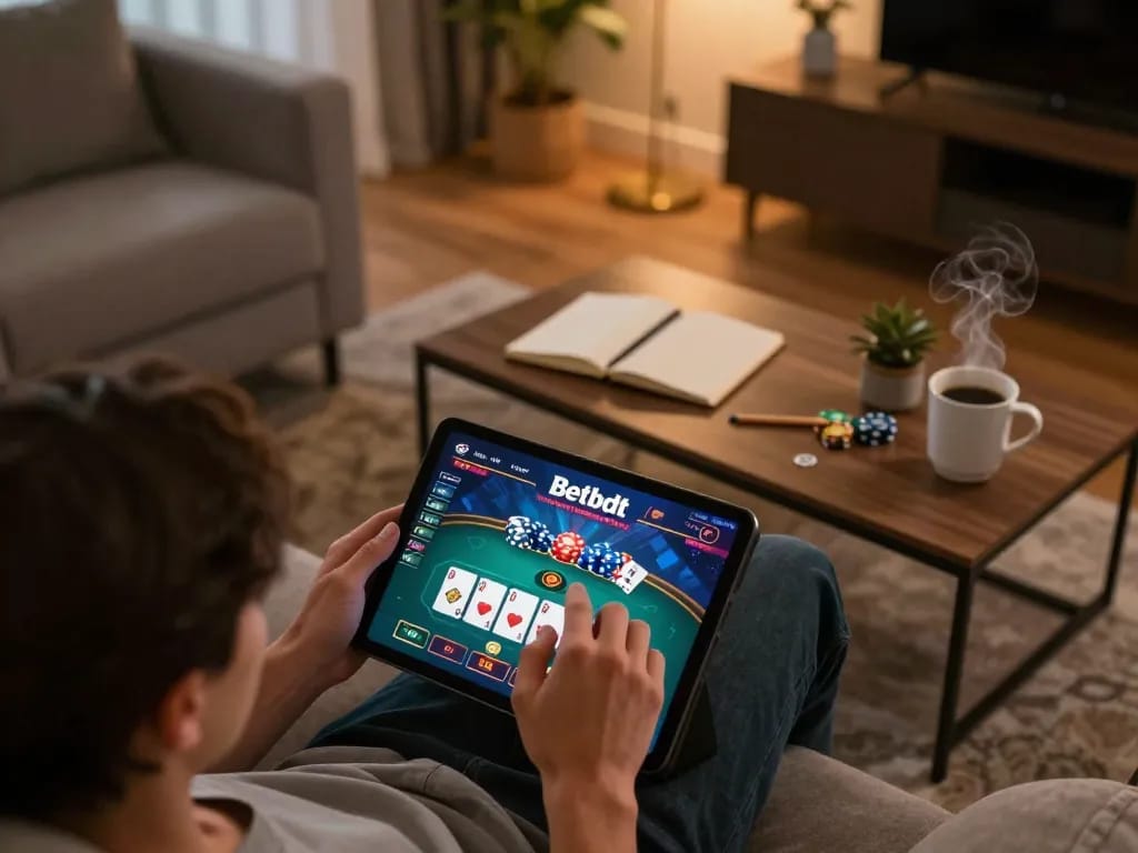 Engaging player enjoying Betbdt online casino on tablet at home, cozy atmosphere.
