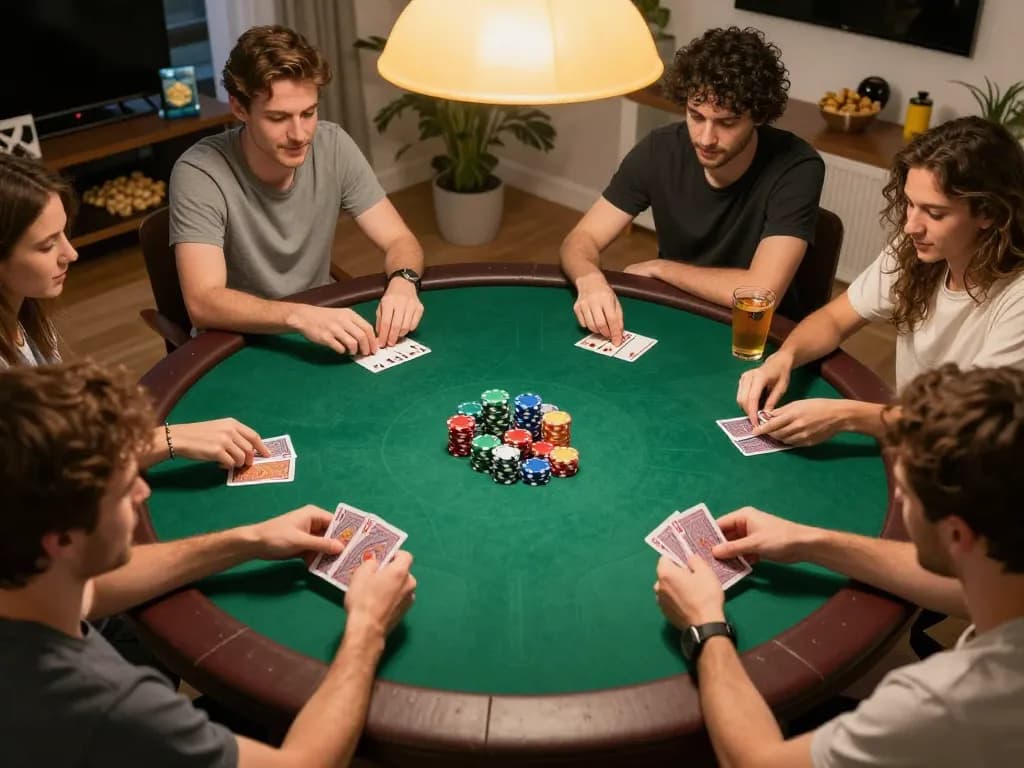 Bong88 players enjoying a poker game at home, showcasing dynamic gameplay in a friendly environment.