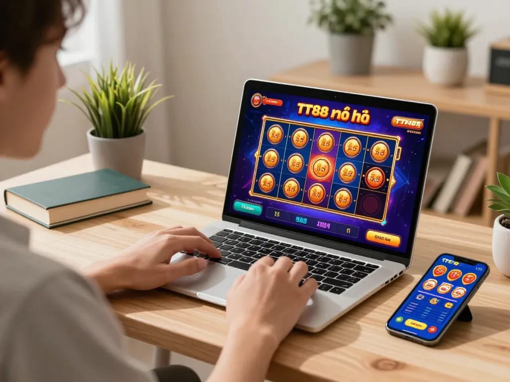 Player enjoying TT88 nổ hũ slots on laptop and smartphone at a cozy home setup.