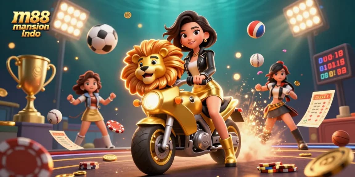 Suasana perjudian M88 Mansion Indo yang menampilkan seorang wanita Asia menaiki maskot singa emas di tengah bola olahraga dan chip poker.