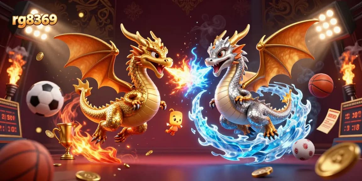 Experience thrilling gameplay with rg8369 as dynamic dragon opponents breathe fire and ice in a vibrant casino scene.