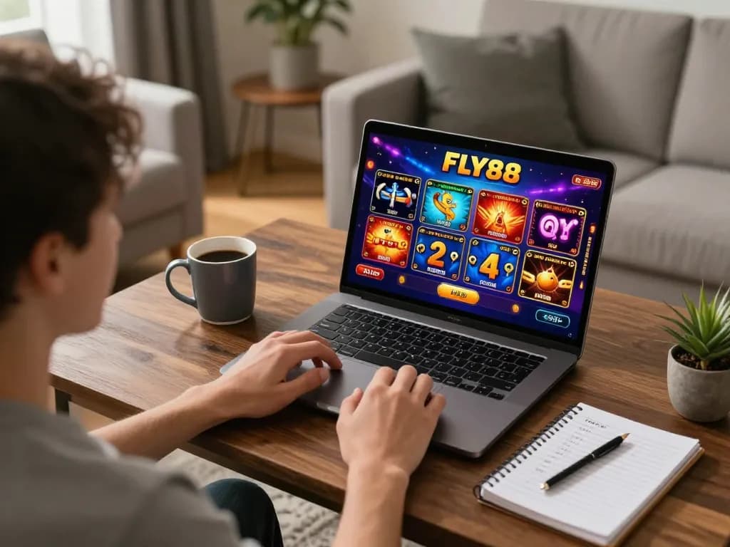 FLY88 user enjoying online gaming experience with vibrant graphics and strategic notes