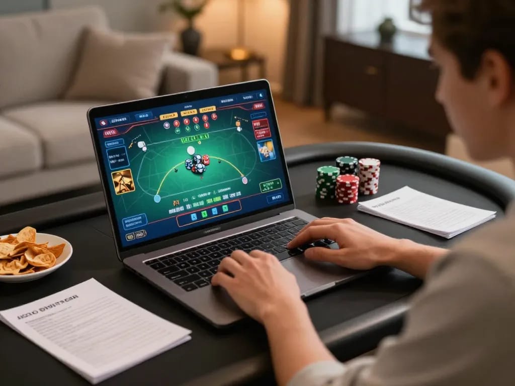 Nhatvip user engaging in an online poker game setup at home, showcasing strategic gameplay.