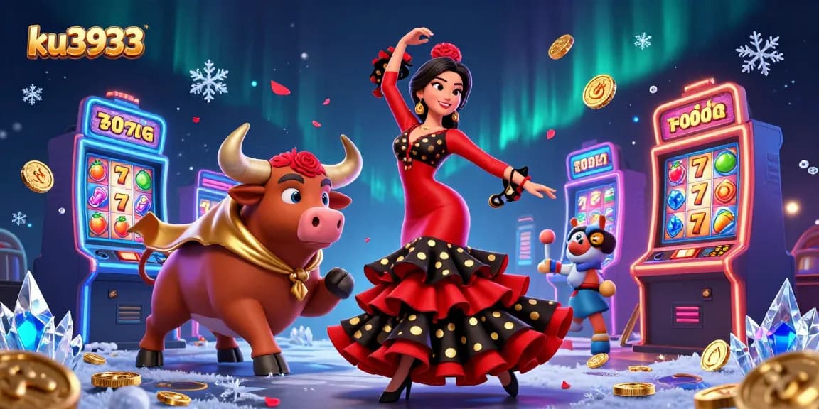 Experience the thrill of ku3933 with vibrant slot machines and captivating characters in a dynamic casino scene.