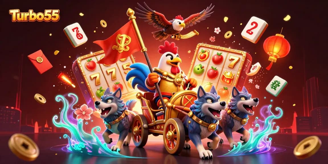 Turbo55 features a dynamic scene with a rooster warlord and game symbols signifying thrilling casino action.